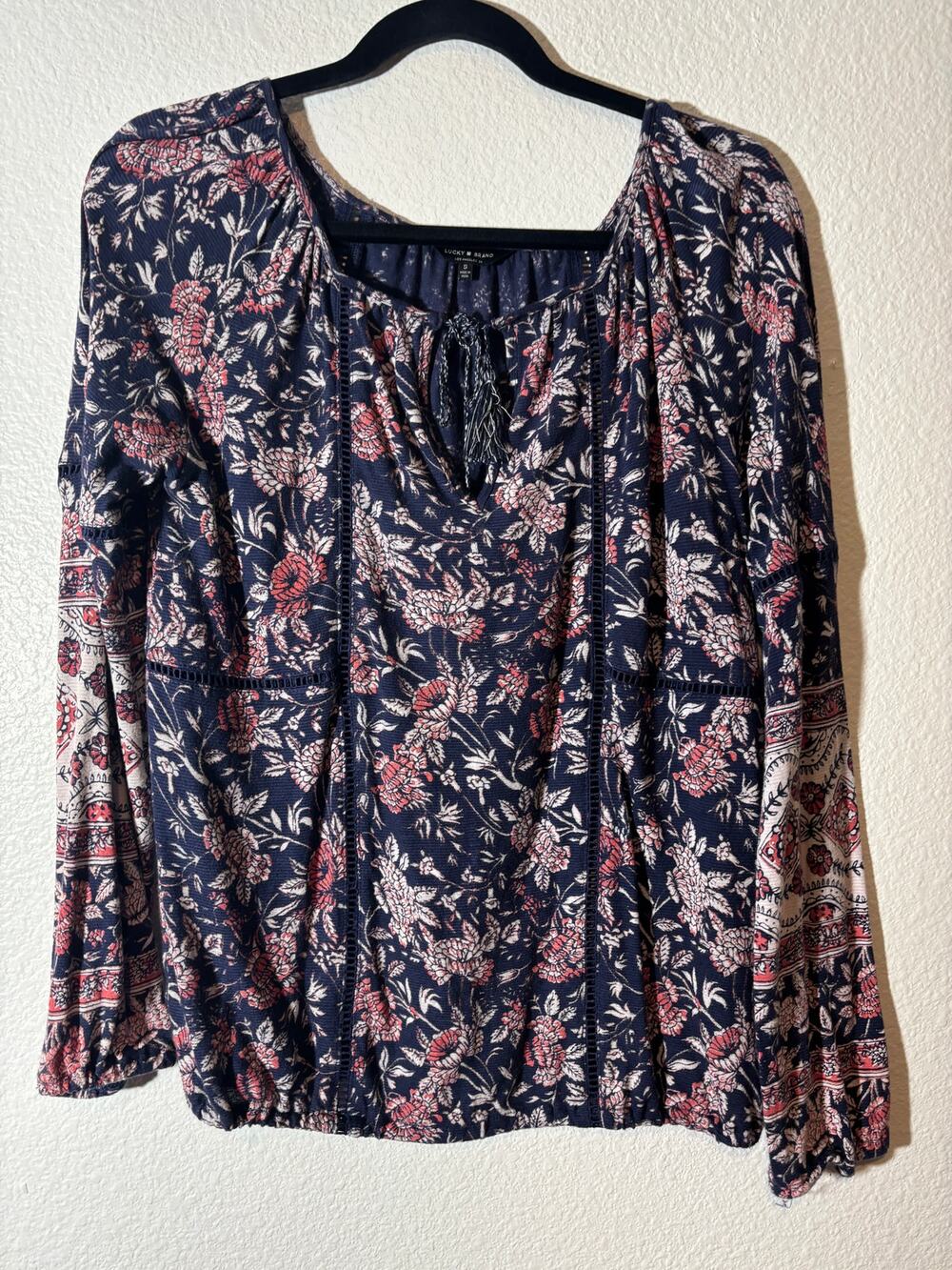 Lucky Brand Women's Size S Navy Blue Floral Tie Neck Eyelet Long Sleeve Boho Top